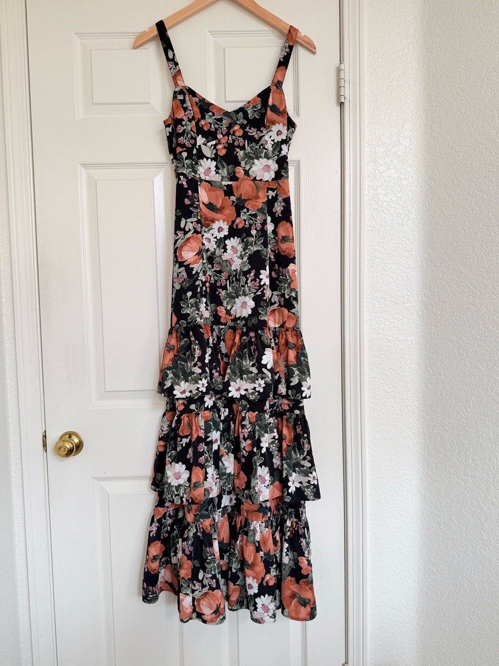 Abercrombie & Fitch Floral Tiered Ruffle Maxi Dress Black Pink Green Orange XS - Picture 4 of 10